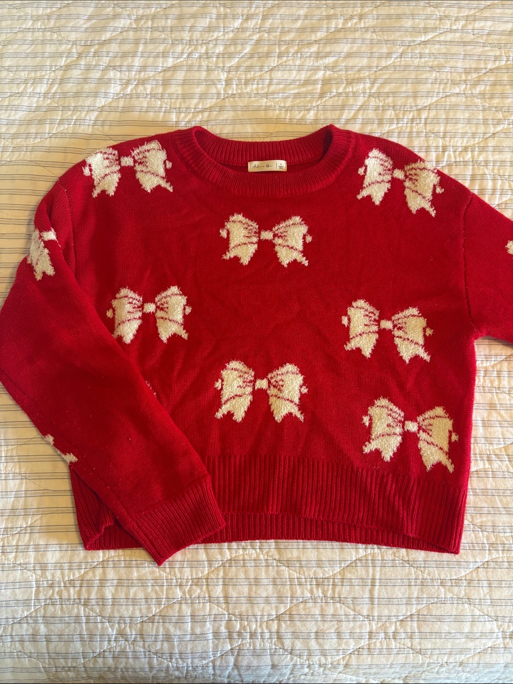 Active USA Red Crewneck Sweater with White Bow Motif